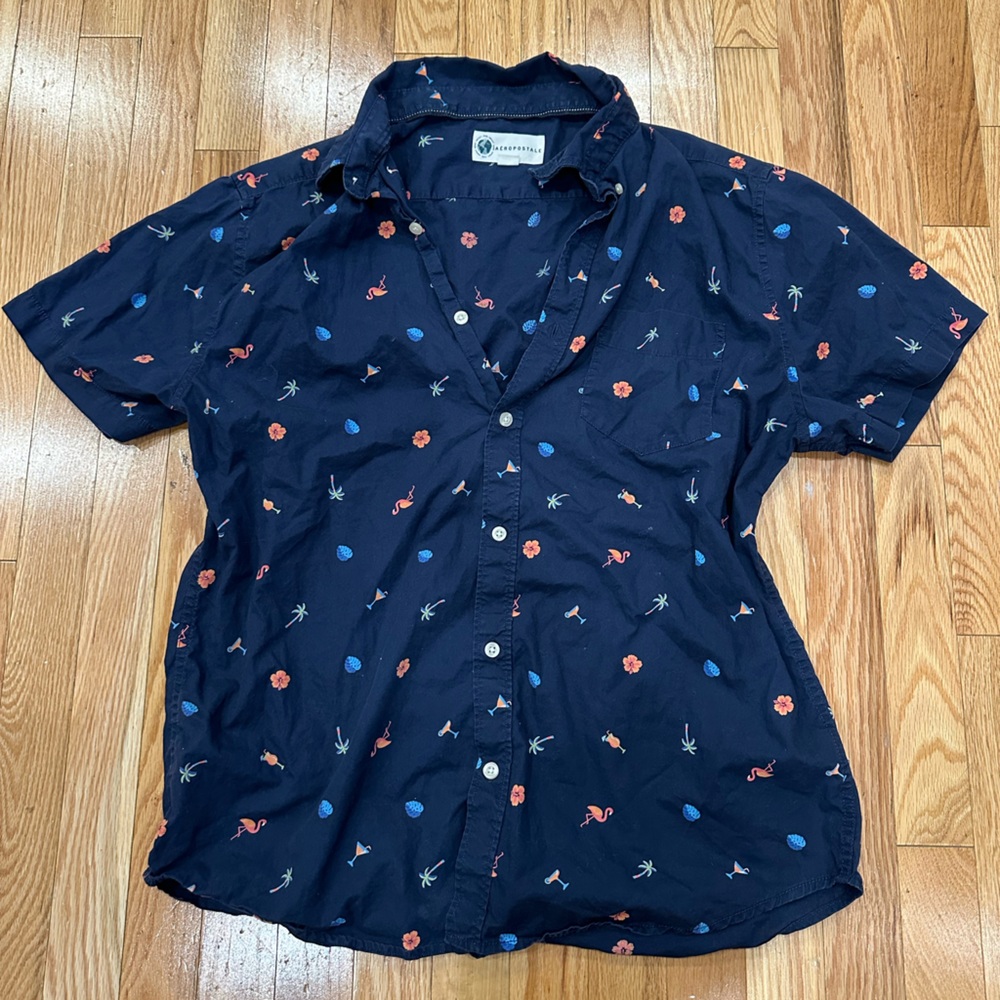 Aeropostale Navy Blue Hawaiian Coastal Button-Up Shirt with Floral Print